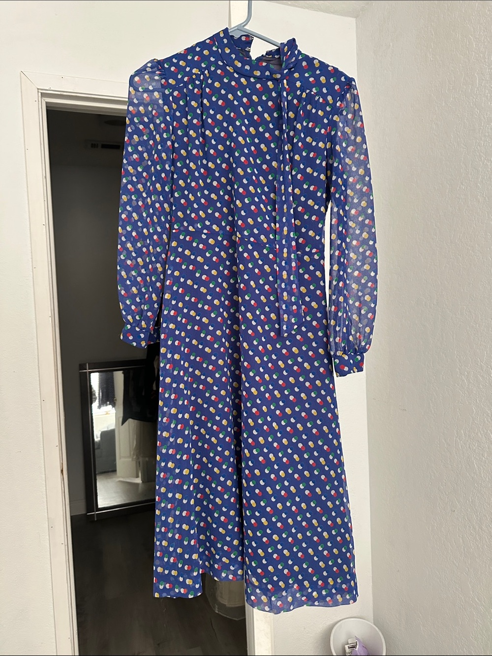 Blue Long-Sleeve Midi Dress with Multicolor Dot Print and Neck Tie